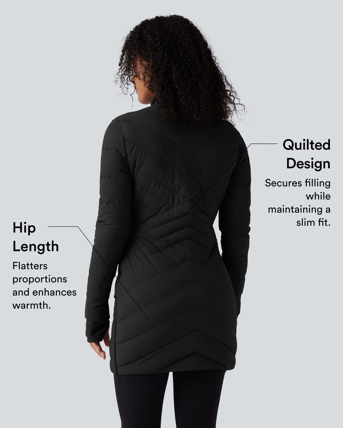 High Collar Long Sleeve Thumb Holes Zip Hem Detail Stretch Fabric Slim Casual Quilted Jacket with Pockets — Black — view 6