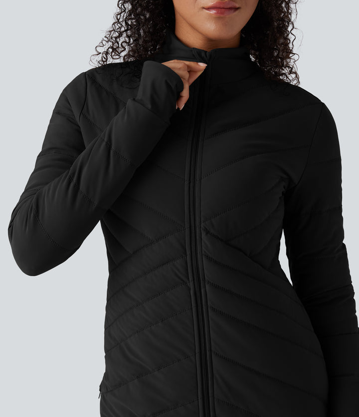 High Collar Long Sleeve Thumb Holes Zip Hem Detail Stretch Fabric Slim Casual Quilted Jacket with Pockets — Black — view 7