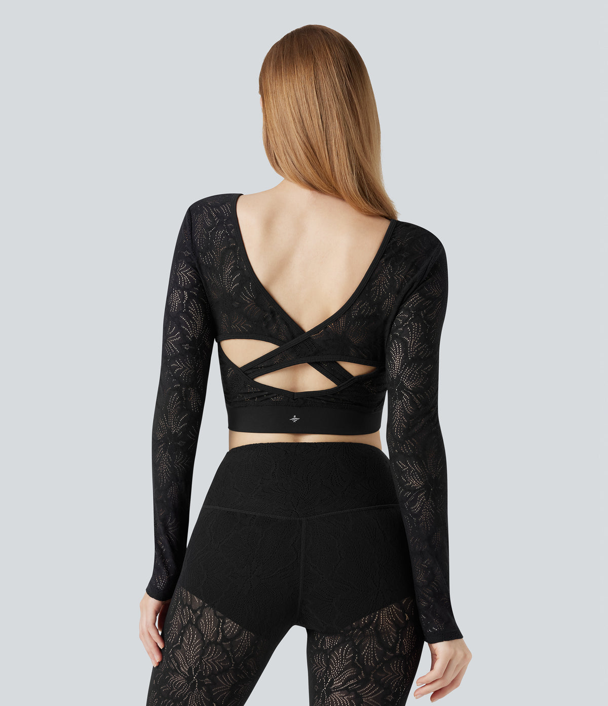 Contrast Lace Crossover Hem Long Sleeve Cropped Yoga Sports Top — Black — view 3