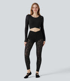 Contrast Lace Crossover Hem Long Sleeve Cropped Yoga Sports Top — Black — view 6