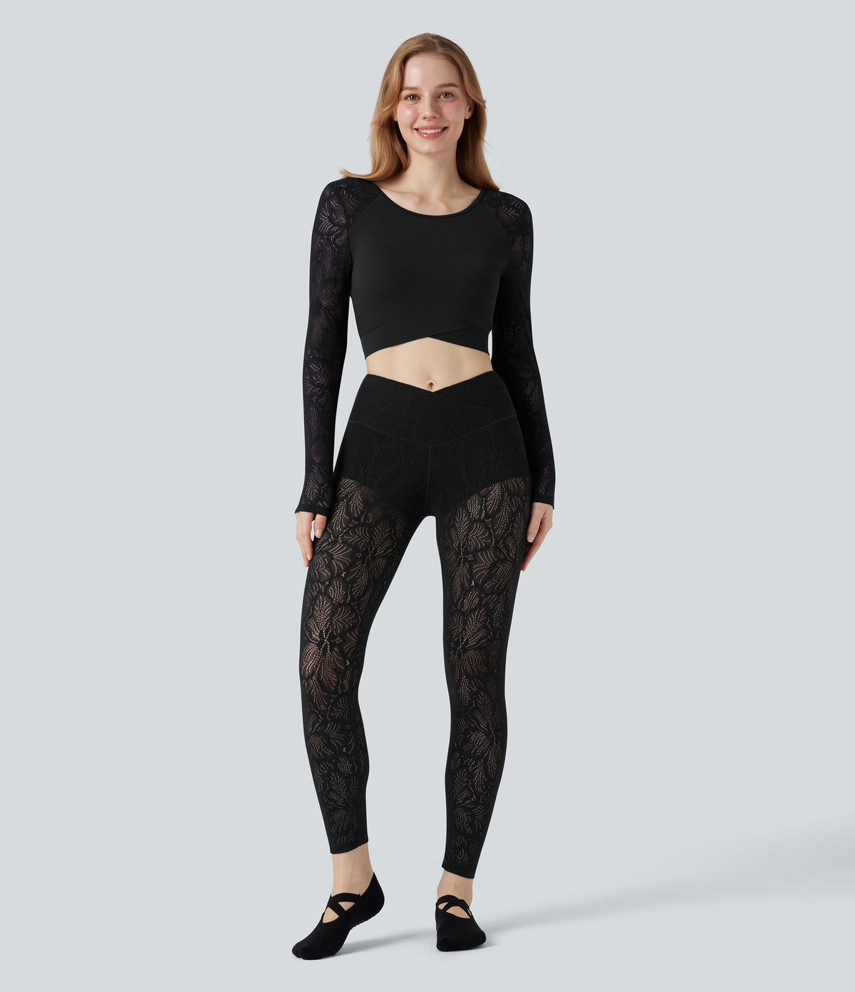 Contrast Lace Crossover Hem Long Sleeve Cropped Yoga Sports Top — Black — view 6