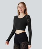 Contrast Lace Crossover Hem Long Sleeve Cropped Yoga Sports Top — Black — view 4