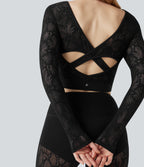 Contrast Lace Crossover Hem Long Sleeve Cropped Yoga Sports Top — Black — view 1