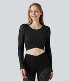 Contrast Lace Crossover Hem Long Sleeve Cropped Yoga Sports Top — Black — view 2