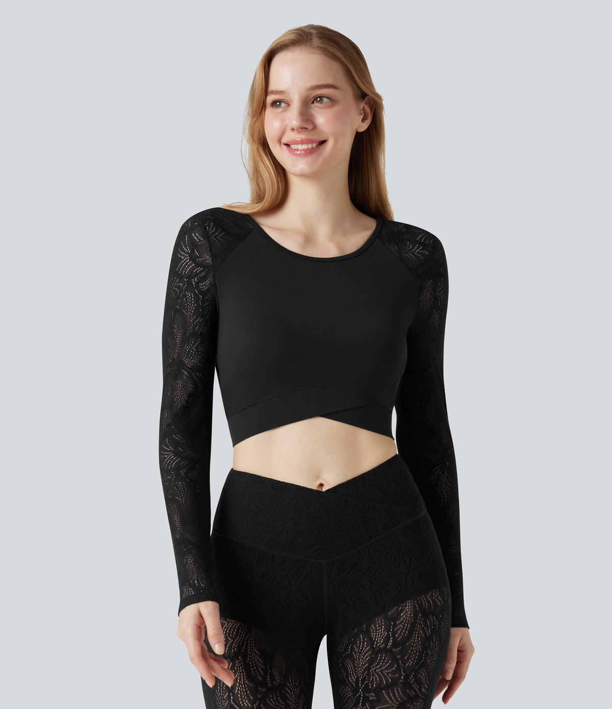 Contrast Lace Crossover Hem Long Sleeve Cropped Yoga Sports Top — Black — view 2