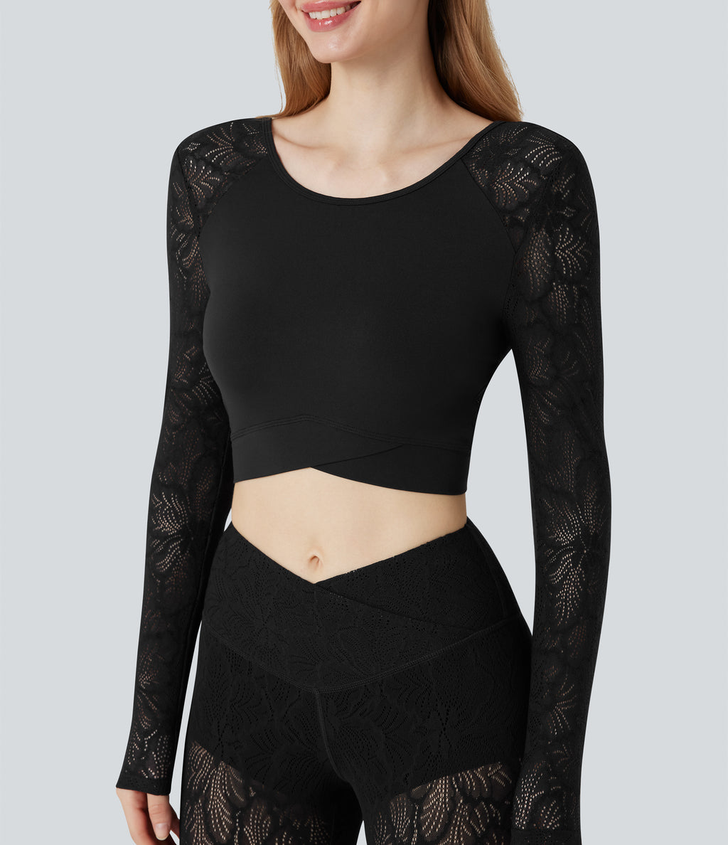 Contrast Lace Crossover Hem Long Sleeve Cropped Yoga Sports Top — Black — view 5
