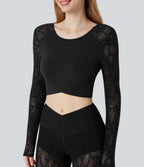 Contrast Lace Crossover Hem Long Sleeve Cropped Yoga Sports Top — Black — view 5