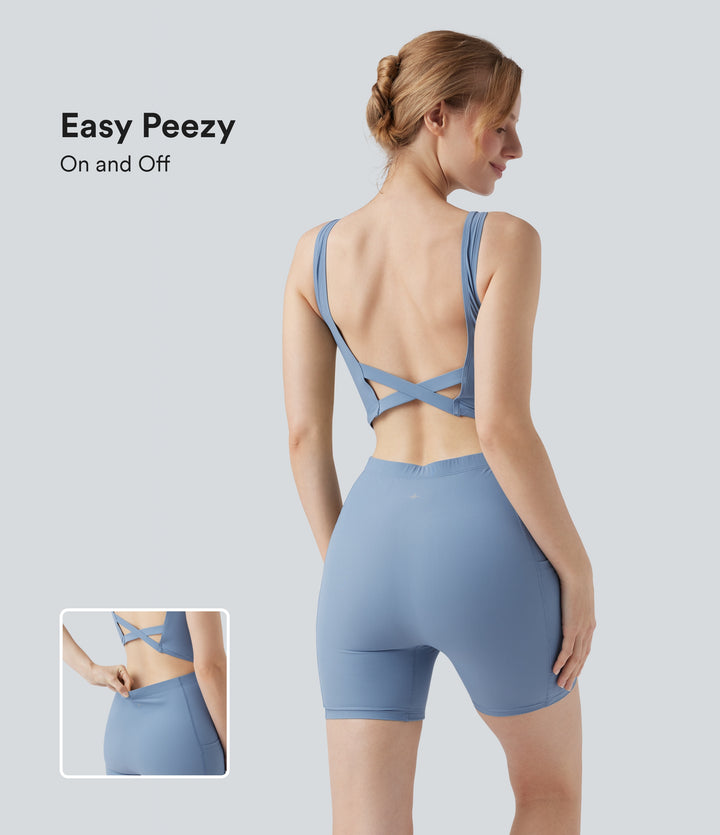 Backless U-Neck Sleeveless One Piece Swimsuit with Pockets — Allure — view 1