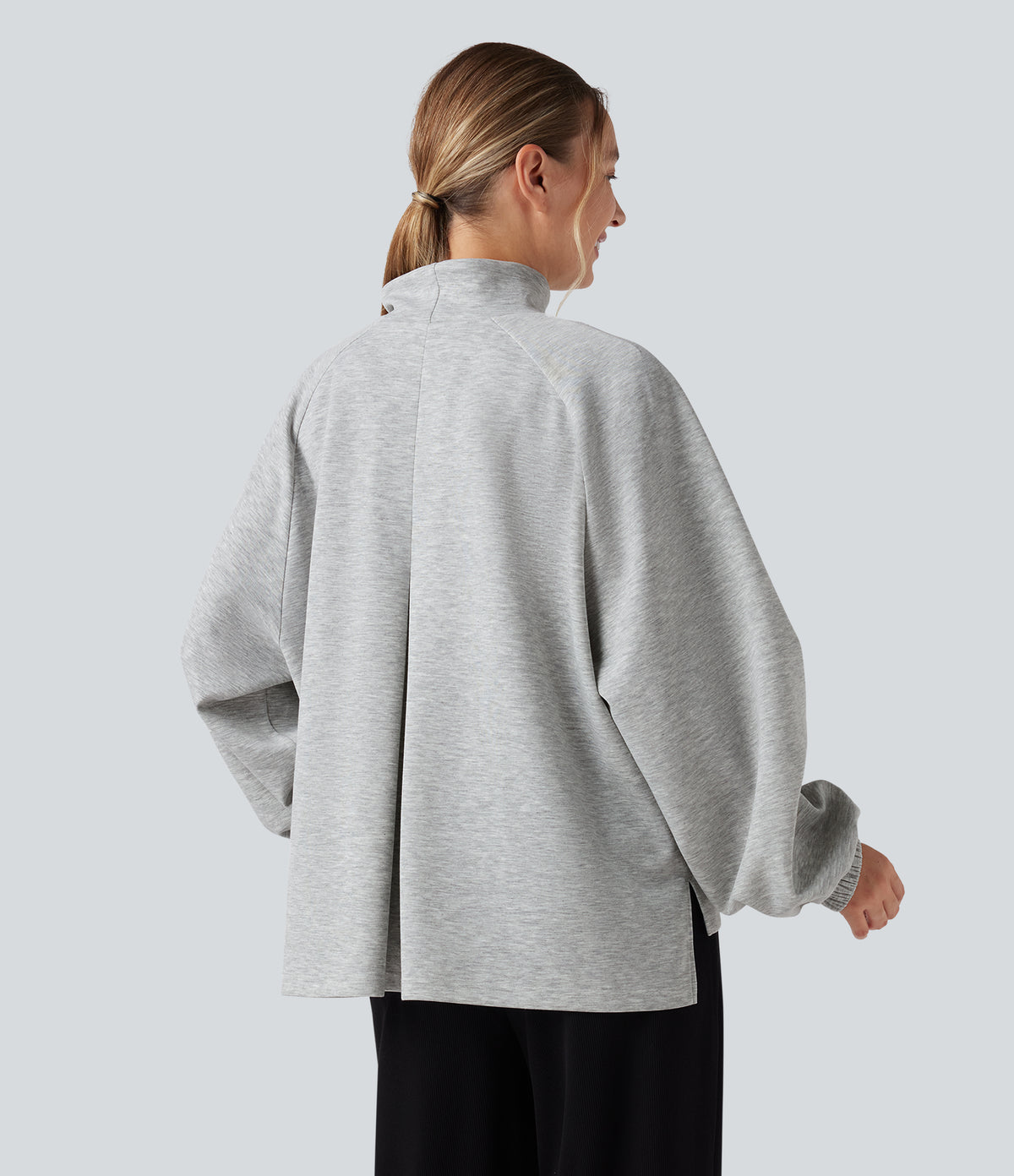 Mock Neck Long Sleeve High Low Casual Sweatshirt with Pocket — Fog Gray — view 2