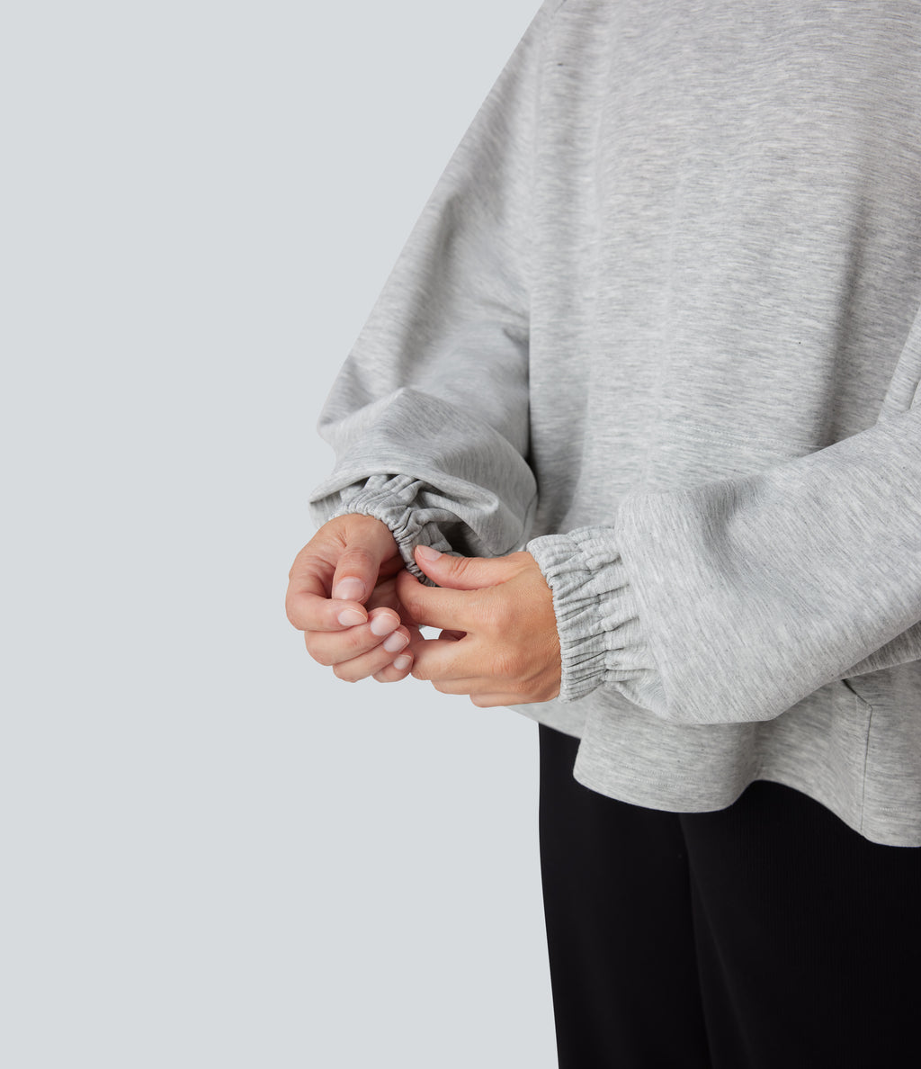 Mock Neck Long Sleeve High Low Casual Sweatshirt with Pocket — Fog Gray — view 6