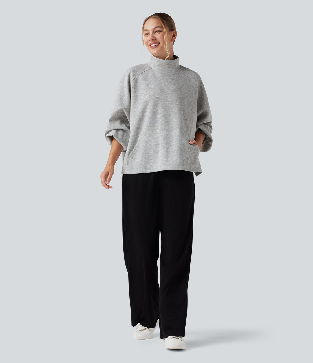 Mock Neck Long Sleeve High Low Casual Sweatshirt with Pocket — Fog Gray — view 7