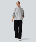 Mock Neck Long Sleeve High Low Casual Sweatshirt with Pocket — Fog Gray — view 7