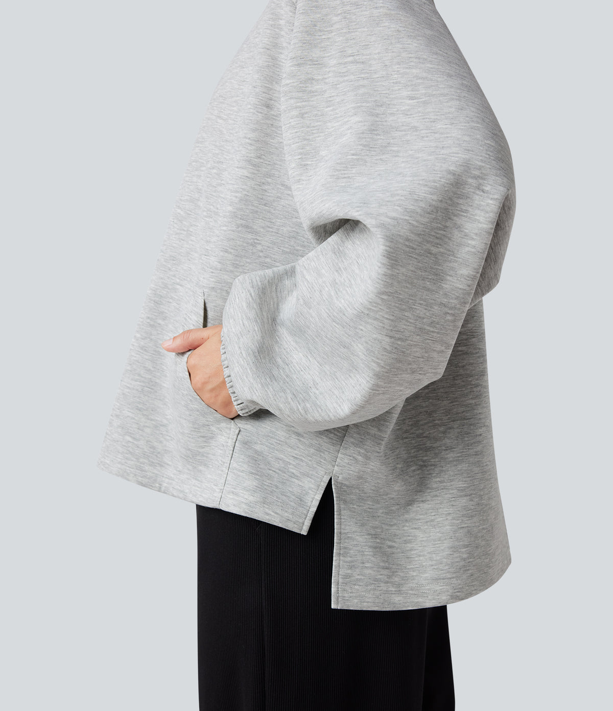 Mock Neck Long Sleeve High Low Casual Sweatshirt with Pocket — Fog Gray — view 5