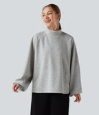 Mock Neck Long Sleeve High Low Casual Sweatshirt with Pocket — Fog Gray — view 3