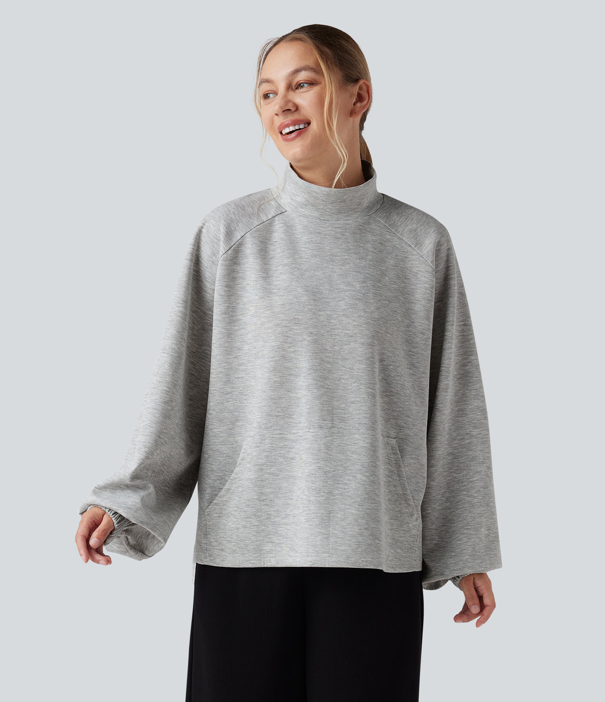 Mock Neck Long Sleeve High Low Casual Sweatshirt with Pocket — Fog Gray — view 3