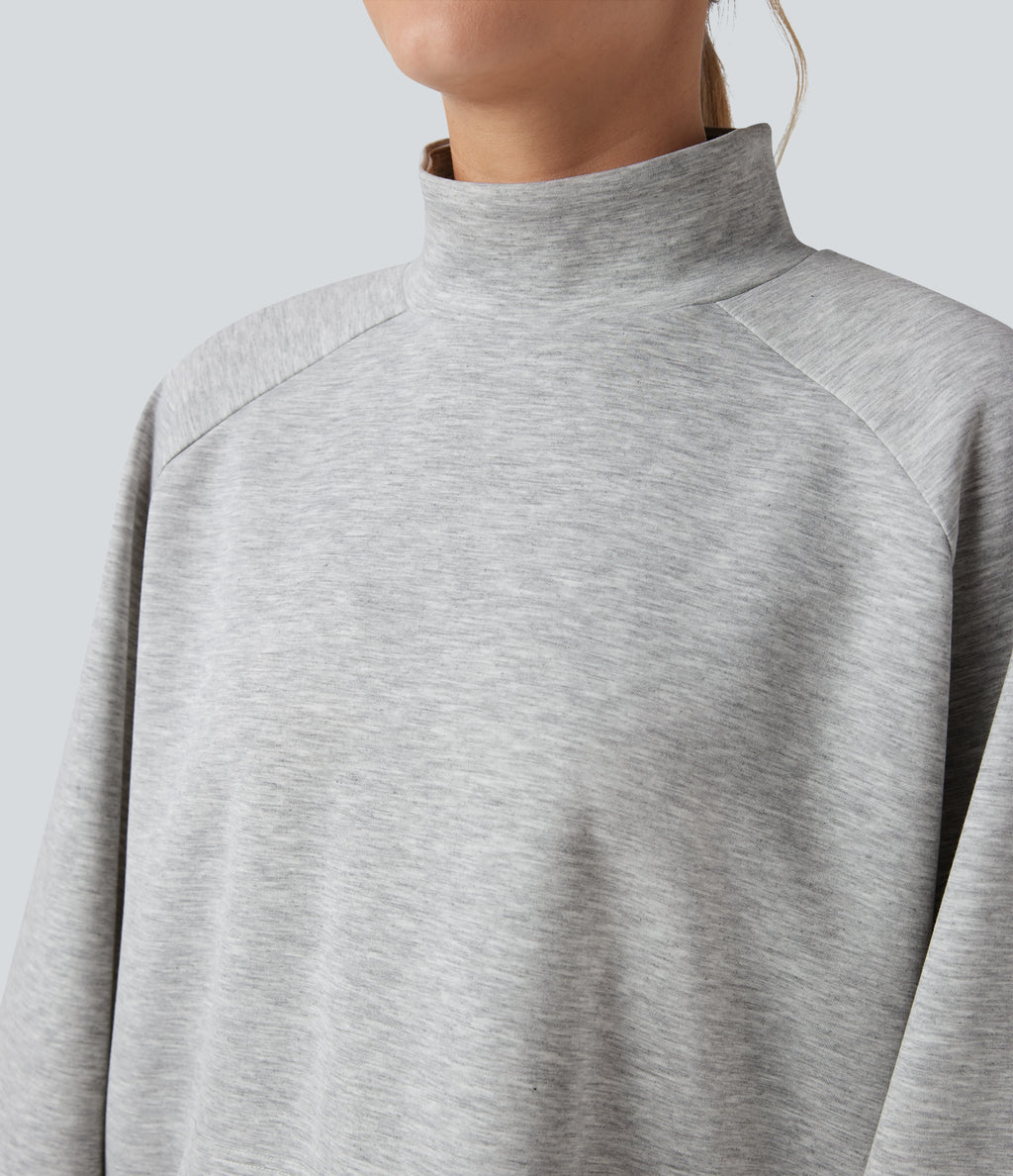 Mock Neck Long Sleeve High Low Casual Sweatshirt with Pocket — Fog Gray — view 4