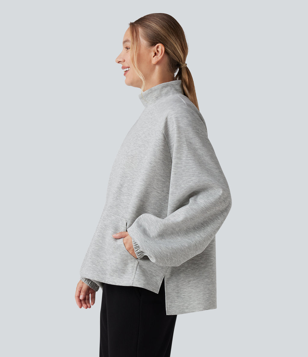 Mock Neck Long Sleeve High Low Casual Sweatshirt with Pocket — Fog Gray — view 1