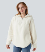 Hooded Half Zipper Curved Hem Oversized Casual Sherpa Sweatshirt with Pockets — Cheese White — view 1