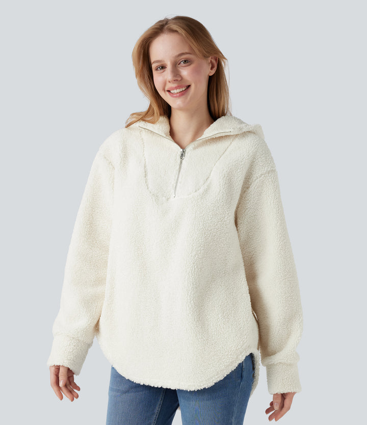 Hooded Half Zipper Curved Hem Oversized Casual Sherpa Sweatshirt with Pockets — Cheese White — view 1