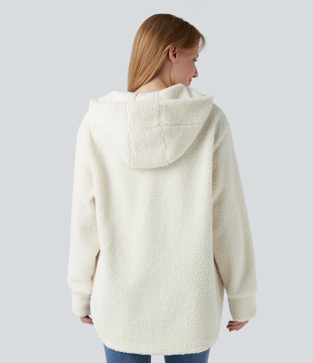 Hooded Half Zipper Curved Hem Oversized Casual Sherpa Sweatshirt with Pockets — Cheese White — view 2