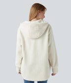 Hooded Half Zipper Curved Hem Oversized Casual Sherpa Sweatshirt with Pockets — Cheese White — view 2