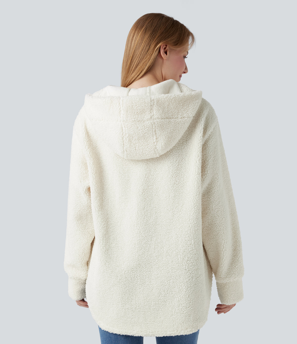 Hooded Half Zipper Curved Hem Oversized Casual Sherpa Sweatshirt with Pockets — Cheese White — view 2