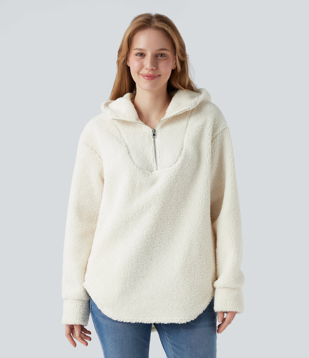Hooded Half Zipper Curved Hem Oversized Casual Sherpa Sweatshirt with Pockets — Cheese White — view 3