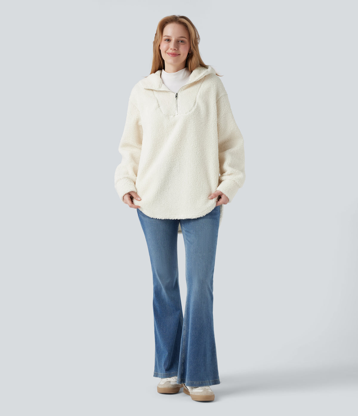 Hooded Half Zipper Curved Hem Oversized Casual Sherpa Sweatshirt with Pockets — Cheese White — view 7