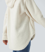 Hooded Half Zipper Curved Hem Oversized Casual Sherpa Sweatshirt with Pockets — Cheese White — view 6