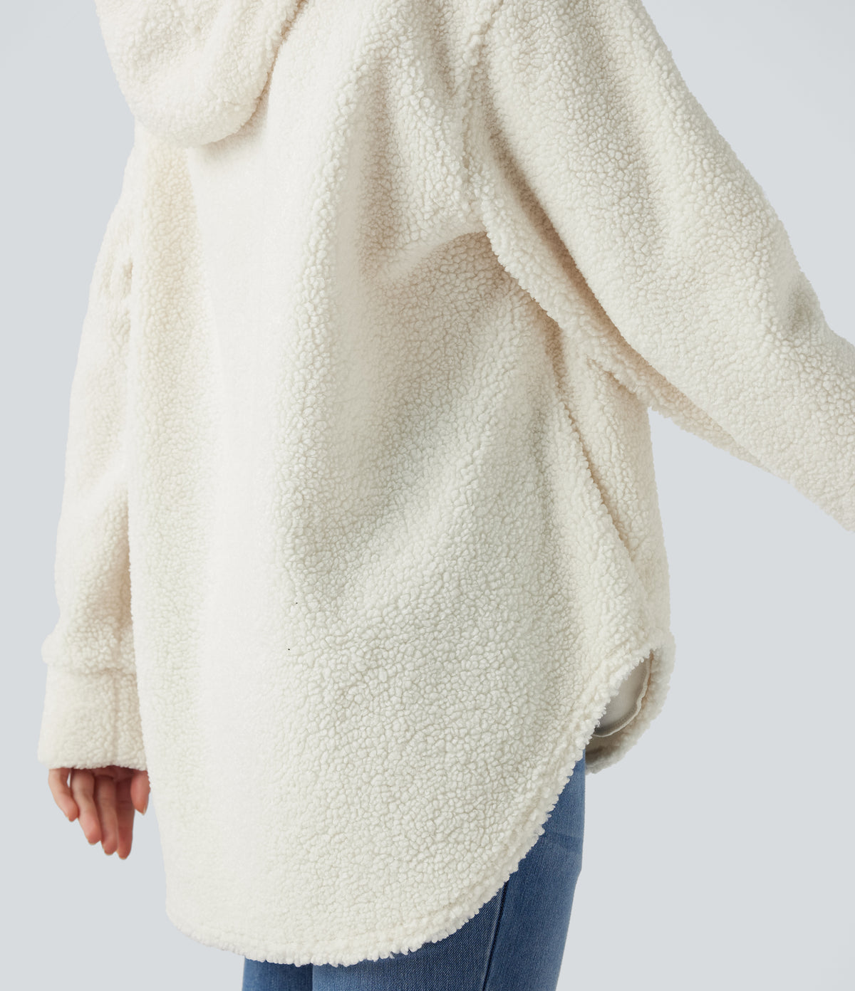 Hooded Half Zipper Curved Hem Oversized Casual Sherpa Sweatshirt with Pockets — Cheese White — view 6