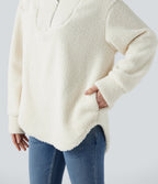 Hooded Half Zipper Curved Hem Oversized Casual Sherpa Sweatshirt with Pockets — Cheese White — view 5