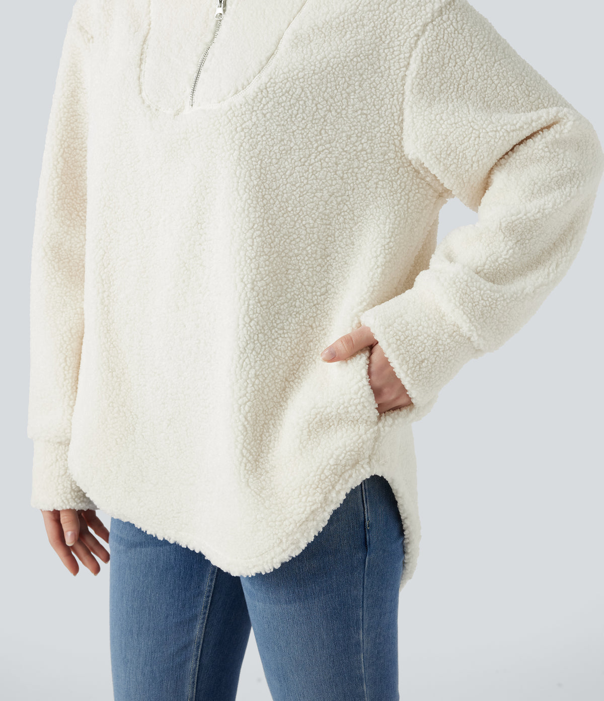 Hooded Half Zipper Curved Hem Oversized Casual Sherpa Sweatshirt with Pockets — Cheese White — view 5
