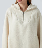 Hooded Half Zipper Curved Hem Oversized Casual Sherpa Sweatshirt with Pockets — Cheese White — view 4