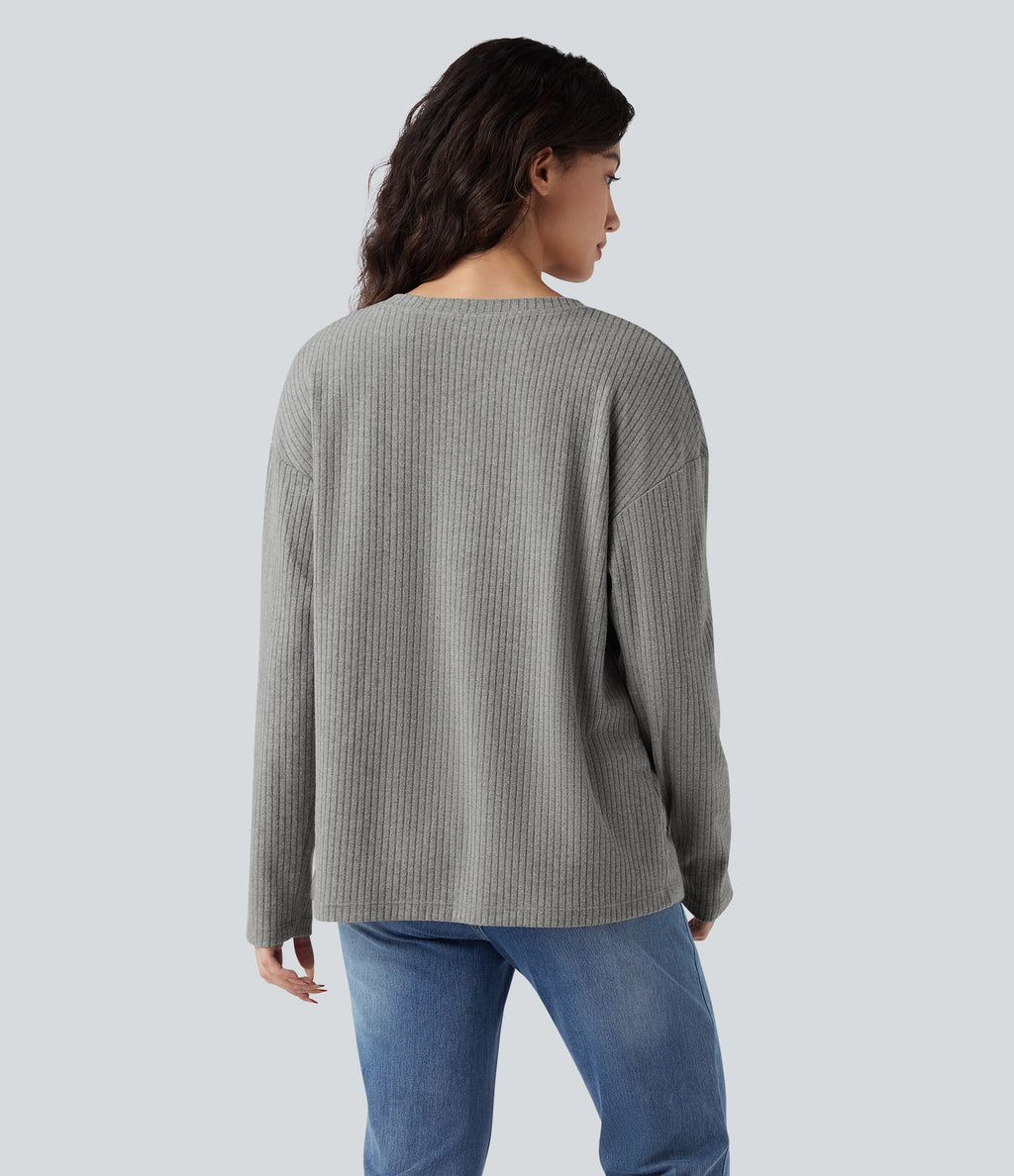 Ribbed Knit Henley Long Sleeve Fleece Casual Top — Dark Mottled Grey — view 2