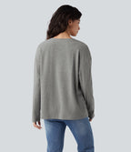 Ribbed Knit Henley Long Sleeve Fleece Casual Top — Dark Mottled Grey — view 2