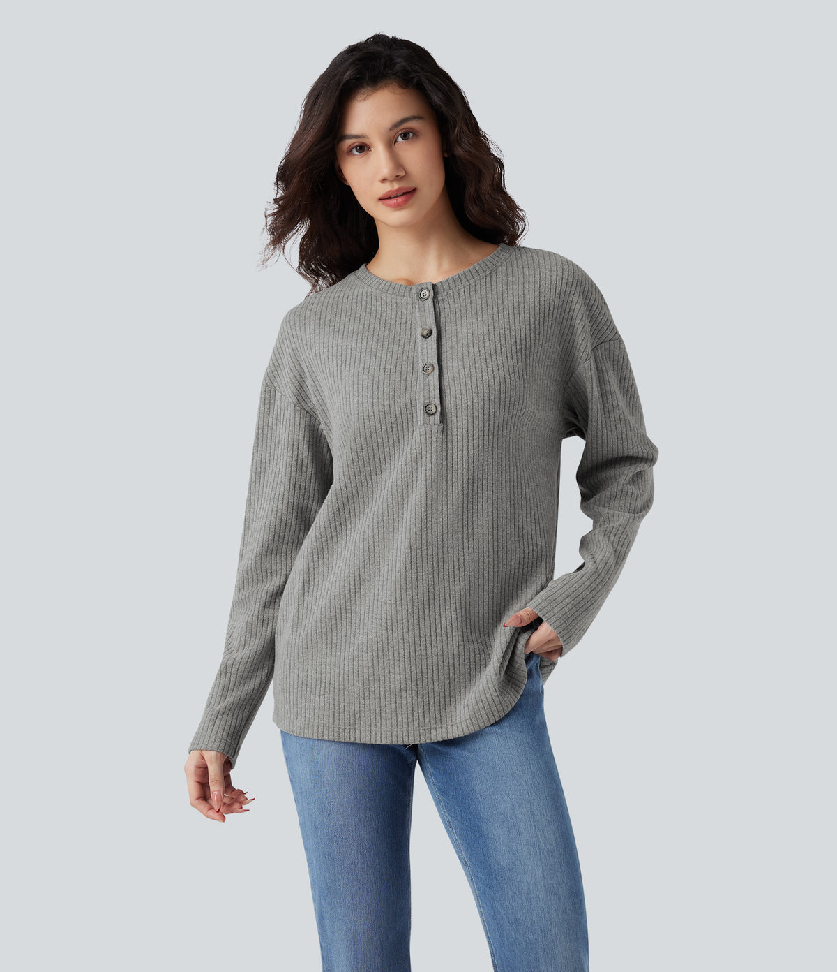 Ribbed Knit Henley Long Sleeve Fleece Casual Top — Dark Mottled Grey — view 5