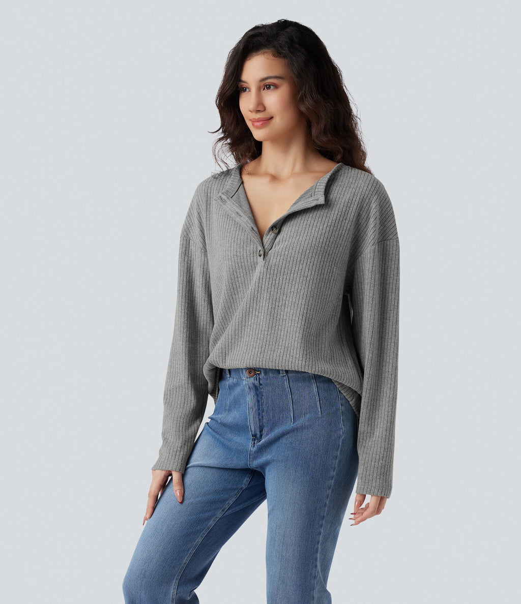 Ribbed Knit Henley Long Sleeve Fleece Casual Top — Dark Mottled Grey — view 3