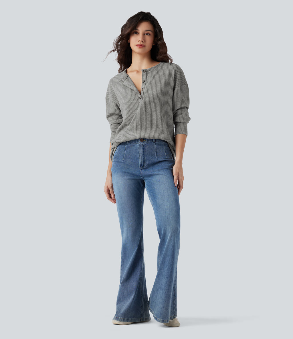Ribbed Knit Henley Long Sleeve Fleece Casual Top — Dark Mottled Grey — view 6
