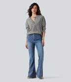 Ribbed Knit Henley Long Sleeve Fleece Casual Top — Dark Mottled Grey — view 6
