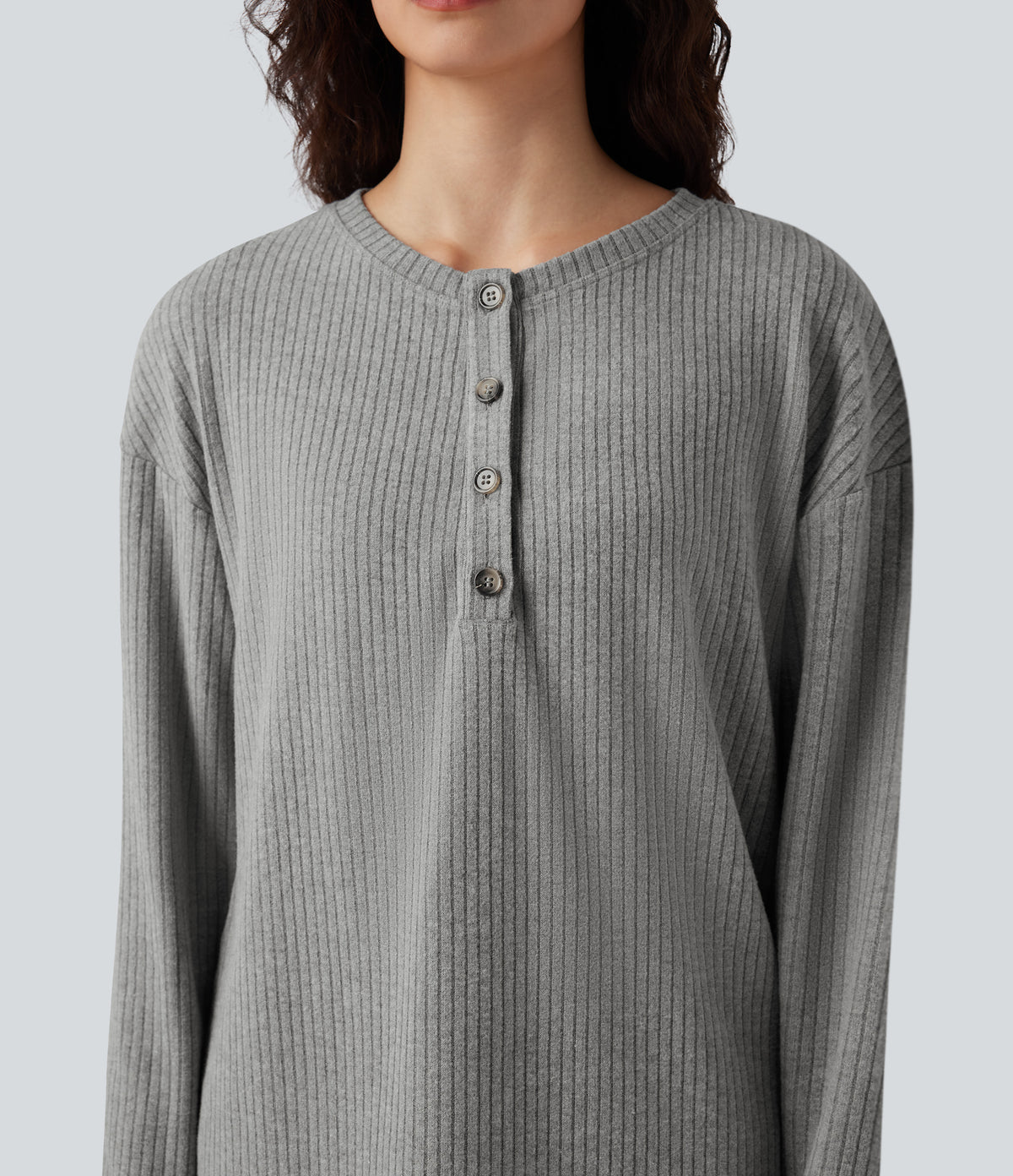 Ribbed Knit Henley Long Sleeve Fleece Casual Top — Dark Mottled Grey — view 4
