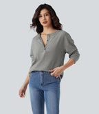 Ribbed Knit Henley Long Sleeve Fleece Casual Top — Dark Mottled Grey — view 1