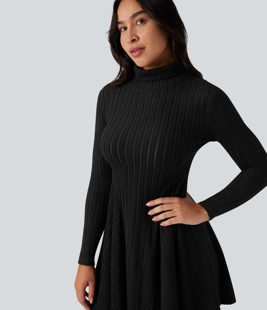 Ribbed Knit High Neck Long Sleeve Flare Mini Casual Dress — Black — view 1