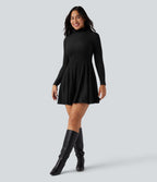 Ribbed Knit High Neck Long Sleeve Flare Mini Casual Dress — Black — view 6