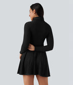 Ribbed Knit High Neck Long Sleeve Flare Mini Casual Dress — Black — view 3