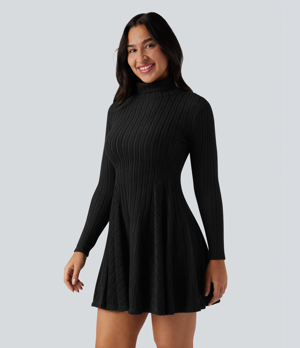 Ribbed Knit High Neck Long Sleeve Flare Mini Casual Dress — Black — view 2