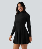 Ribbed Knit High Neck Long Sleeve Flare Mini Casual Dress — Black — view 2