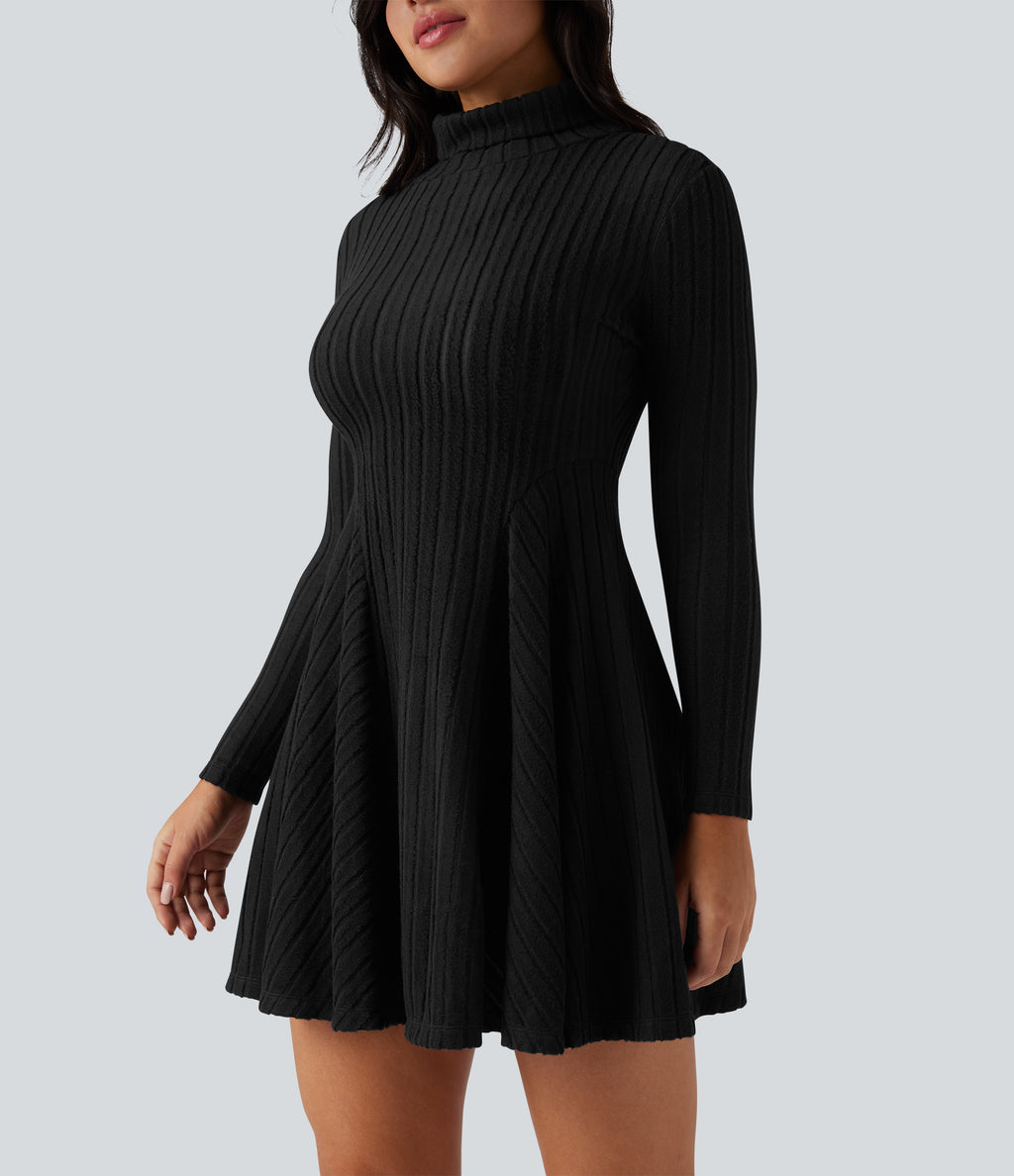 Ribbed Knit High Neck Long Sleeve Flare Mini Casual Dress — Black — view 5