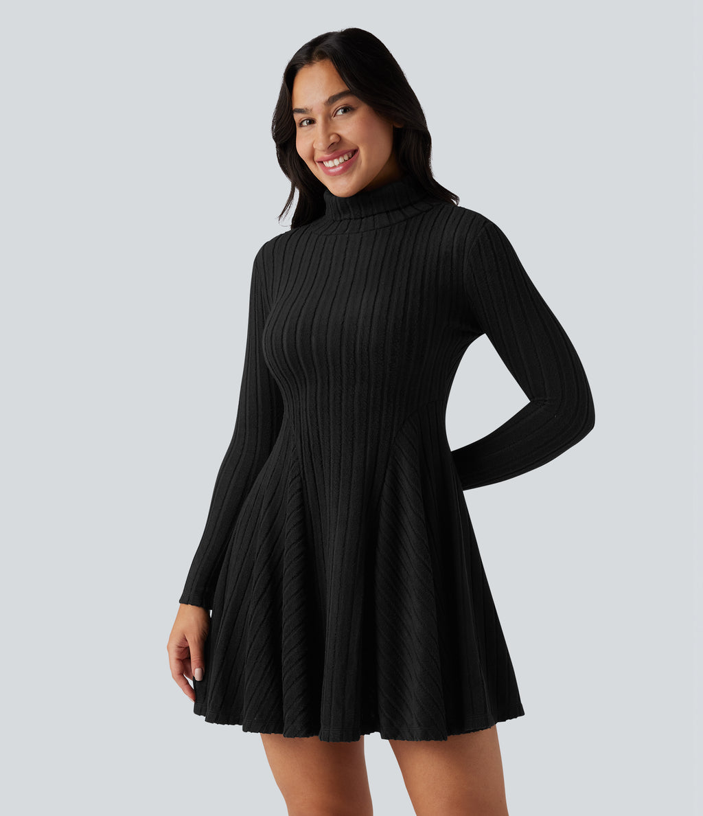 Ribbed Knit High Neck Long Sleeve Flare Mini Casual Dress — Black — view 4