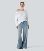 Off Shoulder Long Sleeve Casual T-Shirt — Ash White — view 6