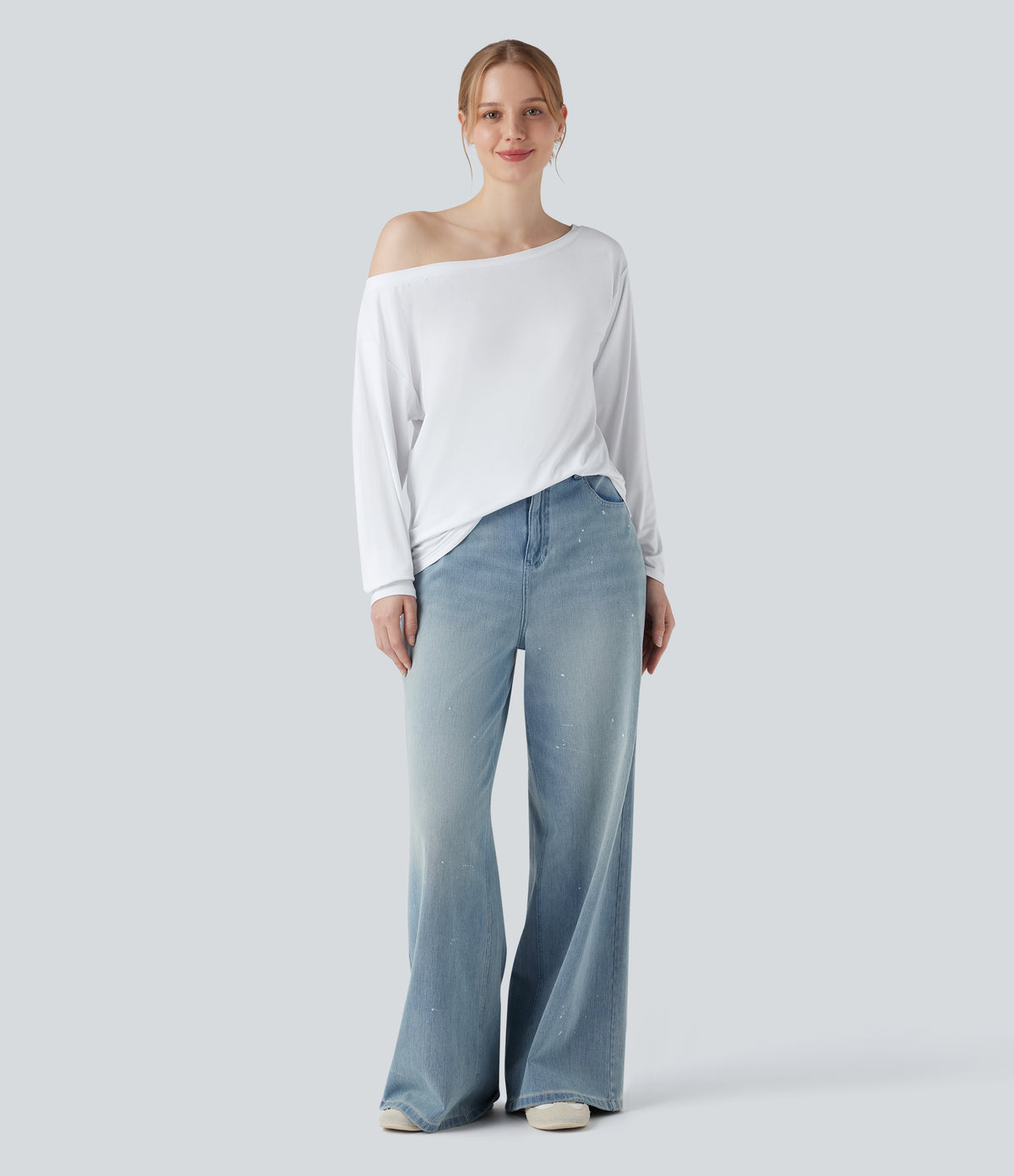 Off Shoulder Long Sleeve Casual T-Shirt — Ash White — view 6